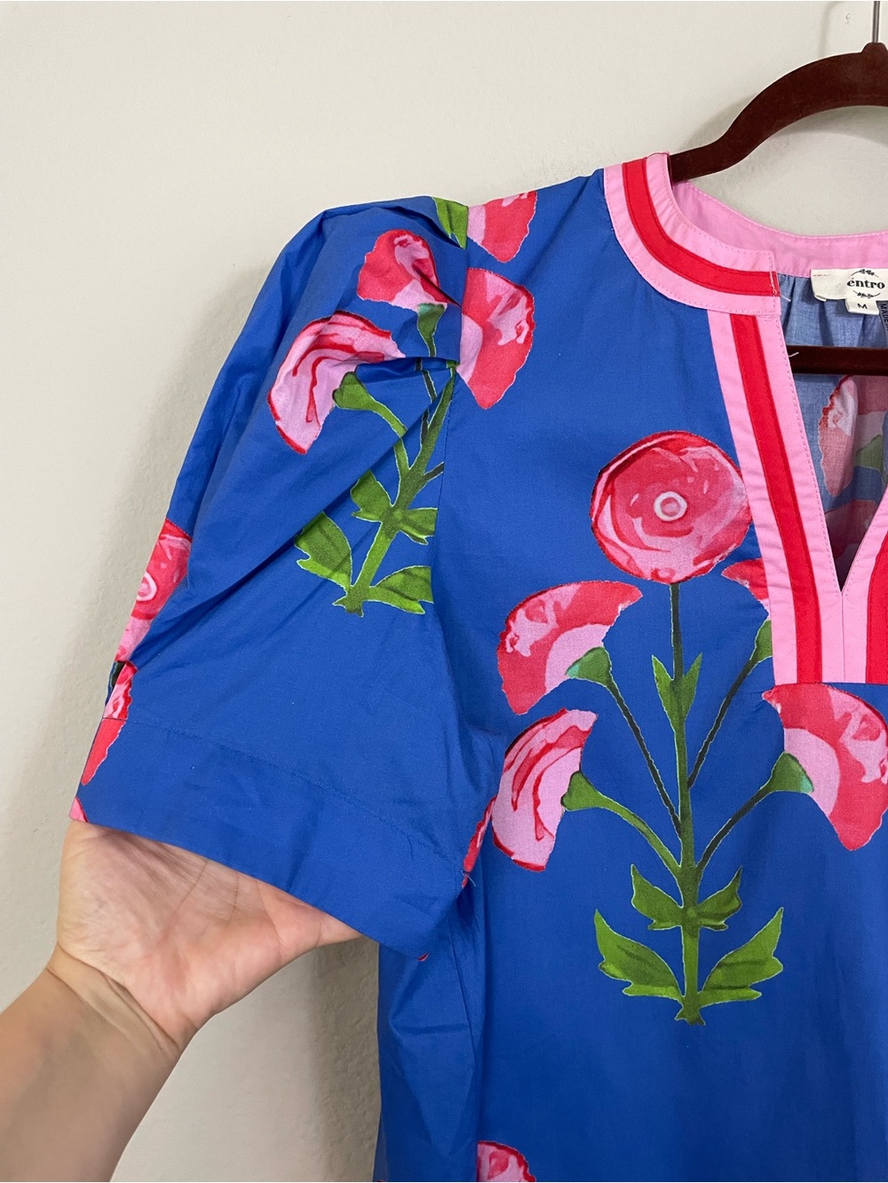Entro Blue Floral Puff-Sleeve Blouse with Pink Trim Poplin Top Size Medium - Picture 5 of 10